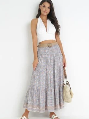 Niebieska Spódnica Maxi w Stylu Boho z Plecionym Paskiem Kairy Rosa