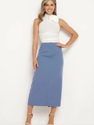 Niebieska Spódnica o Trapezowym Kroju z Rozporkiem Zapinana na Zamek Błyskawiczny Tiamarue lefon
