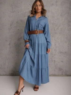 Niebieska Spódnica Rozkloszowana z Lyocellu High Waist Ozdobiona Falbanami Ravienne yu & me