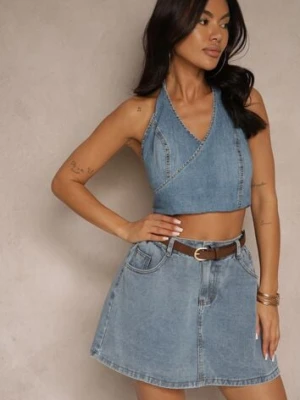 Niebieska Spódnica z Bawełny z Podszewką Szortów Ozdobiona Paskiem Inille elsa.m by may