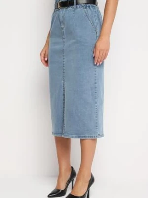 Niebieska Spódnica z Bawełny z Wysokim Stanem Wykończona Gumką w Talii i Paskiem Crisianne elsa.m by may