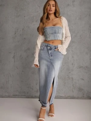 Niebieska Spódnica z Jeansu z Bawełną High Waist o Asymetrycznym Kroju Vikisla