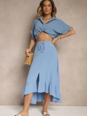 Niebieska Spódnica z Przedłużonym Tyłem Zdobiona Falbanami i Guzikami Maleira h&s