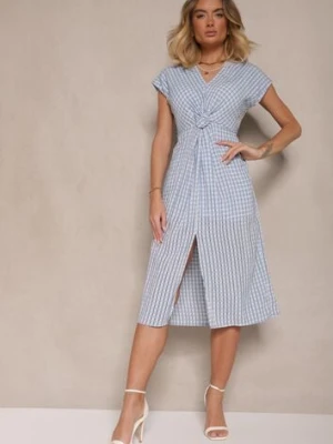 Niebieska Sukienka Ażurowa z Wiskozą i Marszczeniem Virsedi rosa