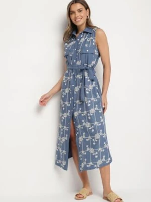 Niebieska Sukienka Bez Rękawów o Koszulowym Kroju z Paskiem Zdobiona Haftem Fodarela rosa