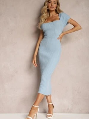 Niebieska Sukienka Bodycon z Kwadratowym Dekoltem i Ozdobnym Wycięciem na Plecach Scriptos rosa