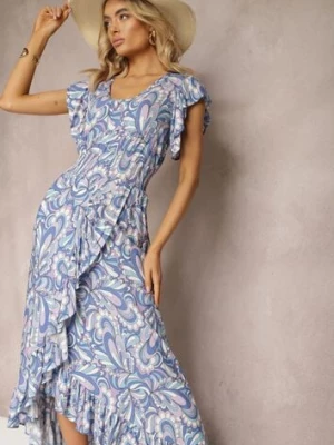 Niebieska Sukienka Boho z Gumką w Pasie i Asymetrycznym Dołem z Wiskozy Anorissa cflo