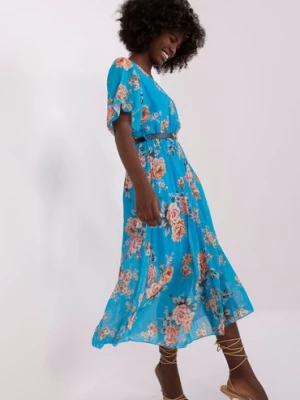 Niebieska sukienka damska w kwiaty - midi Italy Moda