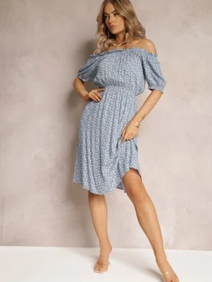 Niebieska Sukienka Hiszpanka z Gumką w Talii z Wiskozy Alines cflo