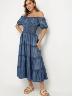 Niebieska Sukienka Hiszpanka z Marszczoną Gumką w Talii Zeldexira h&s