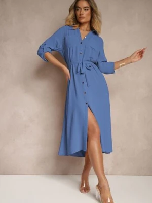 Niebieska Sukienka Koszulowa Ozdobiona Paskiem Vivirielle j&x