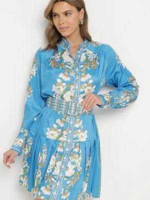 Niebieska Sukienka Koszulowa w Kwiatowy Wzór z Bufiastymi Rękawami i Paskiem Aladira elsa.m by may