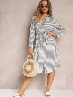 Niebieska Sukienka Koszulowa z Bawełny w Paski i Wiązanym Paskiem Mayreli rosa