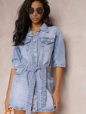 Niebieska Sukienka Koszulowa z Jeansu z Paskiem i Guzikami Avaleen daysie
