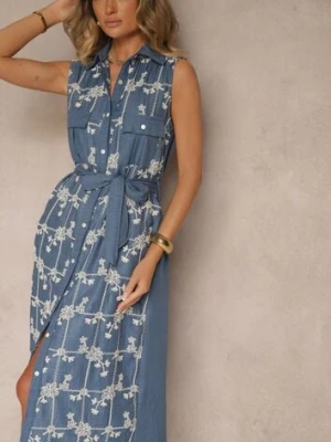 Niebieska Sukienka Koszulowa z Wiązanym Paskiem i Haftowanym Zdobieniem Malenea rosa