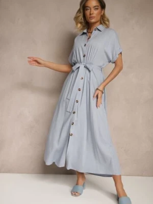Niebieska Sukienka Koszulowa z Wiskozą i Lnem Ozdobiona Paskiem Lunie m&d fashion