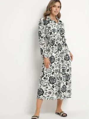 Niebieska Sukienka Koszulowa z Wiskozy w Kwiaty z Wiązanym Paskiem Lorkia m&d fashion