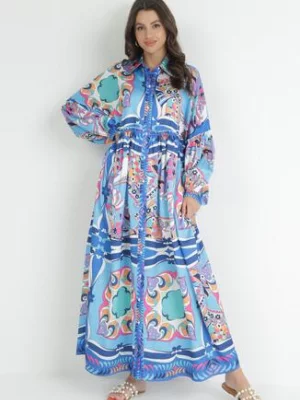 Niebieska Oversizowa Sukienka Maxi Koszulowa Leiani