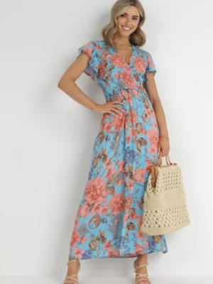 Niebieska Sukienka Maxi w Kwiaty z Gumką w Pasie Shepes