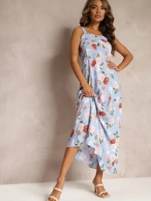 Niebieska Sukienka Maxi w Kwiaty z Rozkloszowanym Dołem na Ramiączkach Aletaina miaozixin