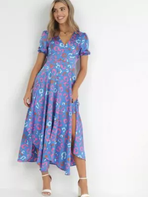 Niebieska Sukienka Maxi z Asymetrycznym Dołem i Krótkim Rękawem z Falbankami Ammie