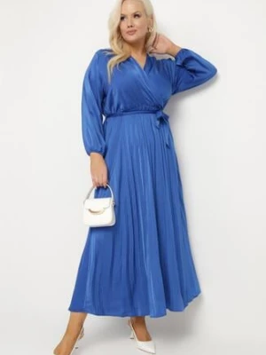 Niebieska Sukienka Maxi z Gumką w Pasie i Kopertowym Dekolcie Bertrama christy