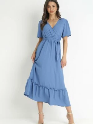 Niebieska Sukienka Maxi z Gumką w Talii i Kopertowym Dekoltem Lesite