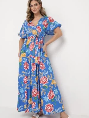 Niebieska Sukienka Maxi z Gumką w Talii z Szerokimi Rękawami i Kwiatowym Printem Nodriala sweet&girl