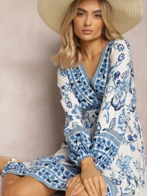 Niebieska Sukienka Maxi z Kopertowym Dekoltem i Gumkami w Pasie Nerene rosa