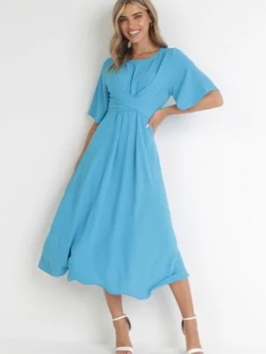 Niebieska Sukienka Maxi z Ozdobnym Wiązaniem i Gumką w Talii Myrcella
