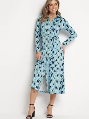 Niebieska Sukienka Maxi z Wiązanym Paskiem i Geometrycznym Wzorem Annalea by swan