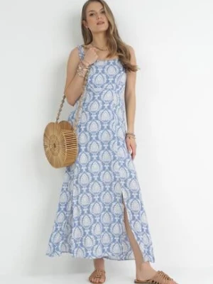 Niebieska Sukienka Maxi z Wiskozy na Ramiączkach z Cienkimi Gumkami i Rozcięciem Aviga rosa