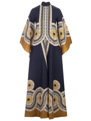 Niebieska Sukienka Maxi z Wzorem Art Deco La DoubleJ
