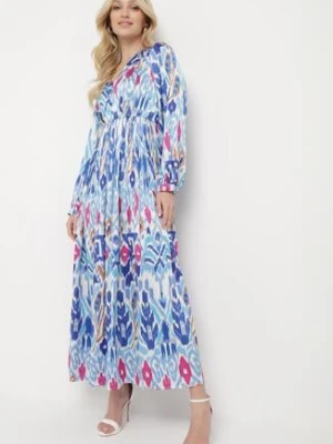 Niebieska Sukienka Maxi z Wzorem Etno i Gumką w Talii Junimiza belcci