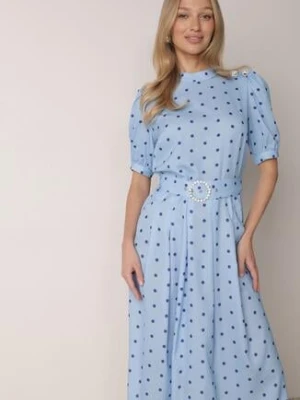 Niebieska Sukienka Midi z Gumką w Talii i Materiałowym Paskiem z Klamrą Maerali bisou's project