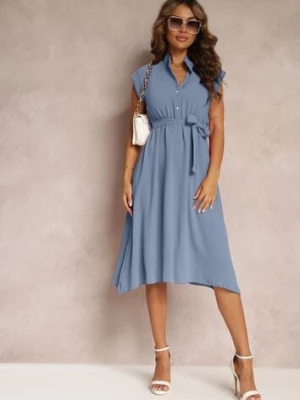 Niebieska Sukienka Midi z Guzikami i Materiałowym Paskiem Nylalik new collection