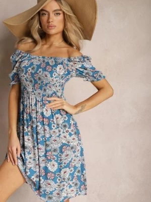 Niebieska Sukienka Midi z Wiskozy w Kwiaty z Kwadratowym Dekoltem i Marszczeniami Nasoria cflo
