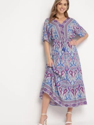 Niebiesko-Fuksjowa Sukienka Maxi z Wiskozy w Stylu Boho z Wzorem Paisley i Gumką w Pasie Naroli cflo