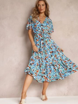 Niebieska Sukienka Midi ze Ściągaczem w Talii i Krótkimi Rękawami Rhoslana melya by melody