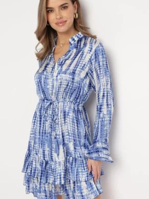 Niebieska Sukienka Mini Ozdobiona Falbankami i Akwarelowym Wzorem Panava rosa