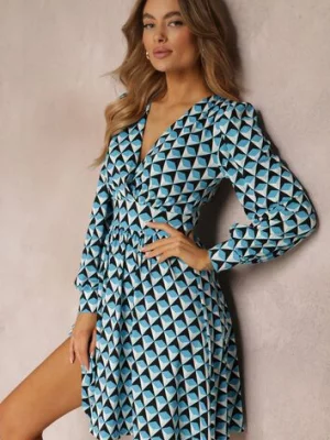 Niebieska Sukienka Mini w Geometryczny Wzór z Długim Rękawem Ezrie by swan