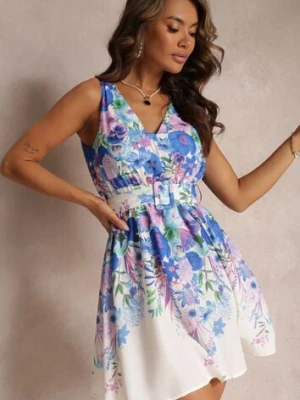 Niebieska Sukienka Mini w Kwiaty z Gumką w Talii i Paskiem z Okrągłą Klamrą Helerava