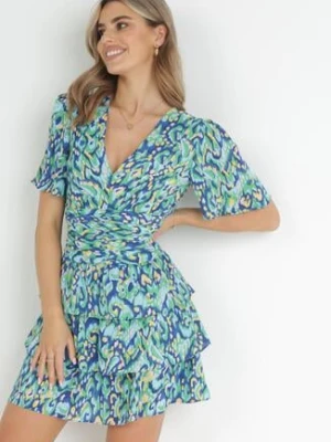 Niebieska Sukienka Mini z Gumkami w Pasie i Falbankami Tarria