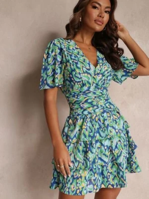 Niebieska Sukienka Mini z Gumkami w Talii i Ozdobnym Marszczeniem Veerisa