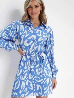 Niebieska Sukienka Mini z Plisowanymi Rękawami i Materiałowym Paskiem Sevan unigirl