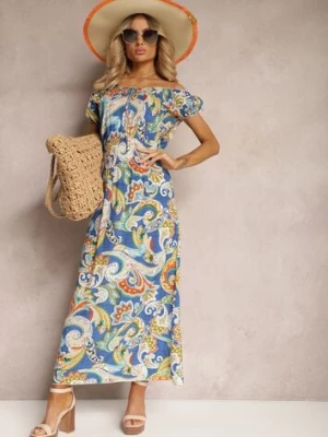 Niebieska Sukienka na Lato z Bawełny w Stylu Boho Hiszpanki Lenadia