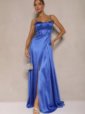 Niebieska Sukienka na Ramiączkach o Rozkloszowanym Kroju z Wiązaniem na Plecach Katirione allyson