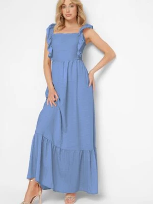 Niebieska Sukienka na Ramiączkach z Falbankami i Gumką w Talii z Wiązaniem na Plecach Tiolla j&x