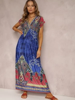 Niebieska Sukienka o Kopertowym Kroju w Ornamentalny Print Nalori j&x