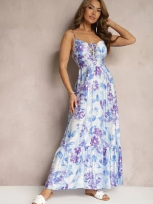 Niebieska Sukienka o Rozkloszowanym Fasonie w Kwiaty z Bawełny i Wiskozy Ozdobiona Wiązaniem na Dekolcie Nasima